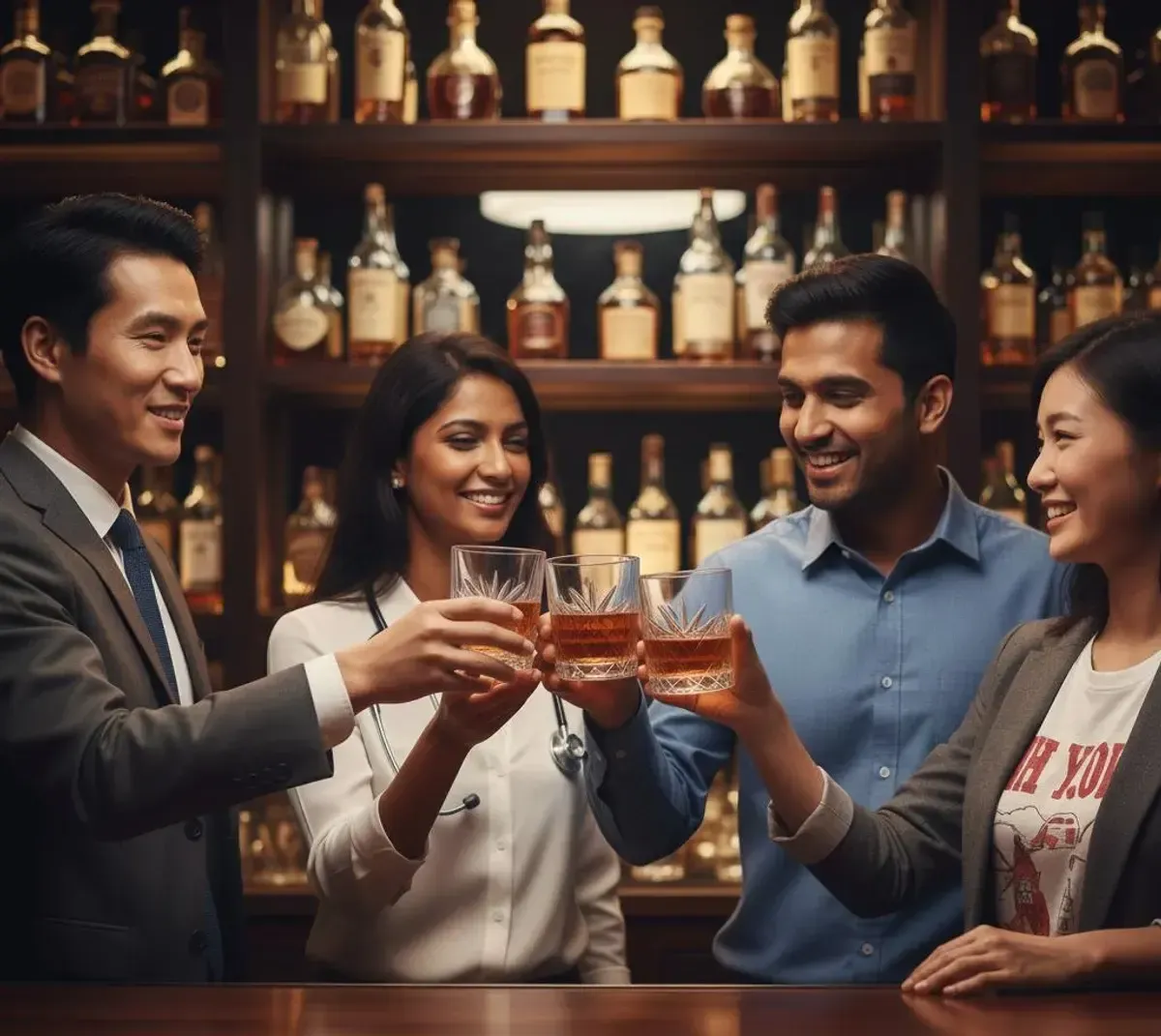 A group of friends celebrating together over whiskey